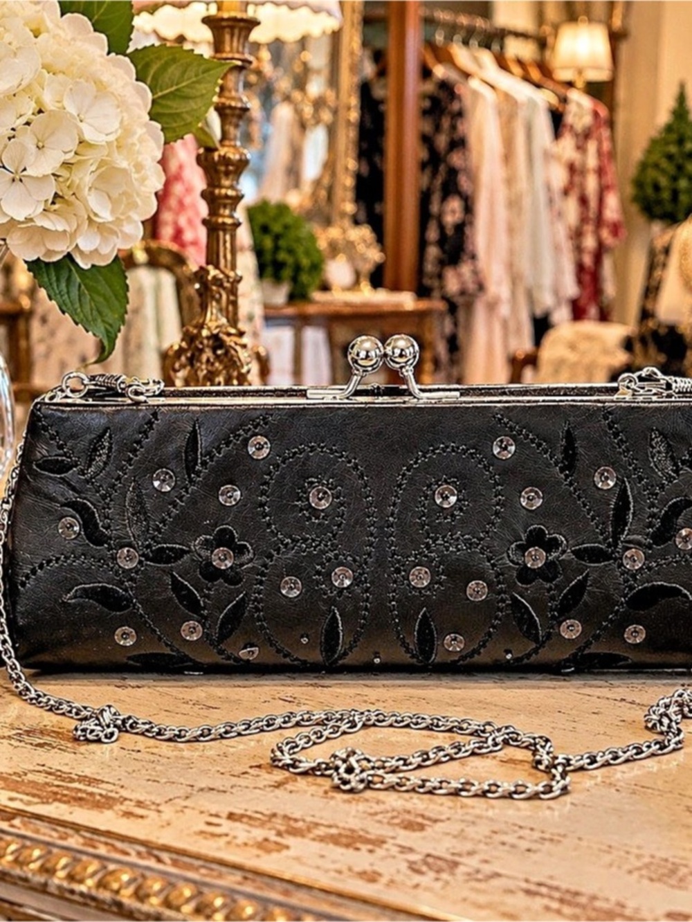 Black Floral Embroidered Chain Clutch